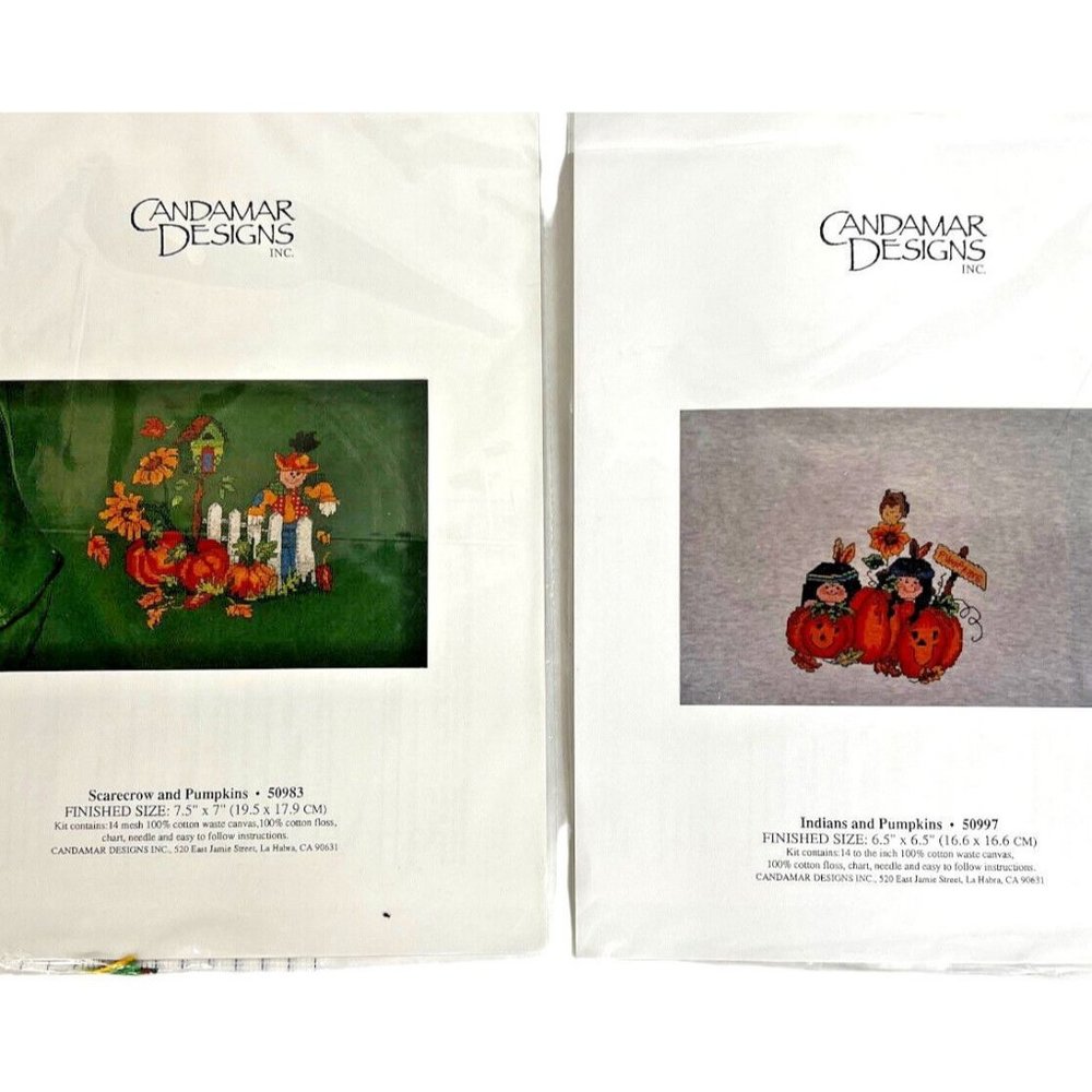2 New Candamar Designs Cross Stitch Kit Indians and Pumpkins Scarecrow Halloween